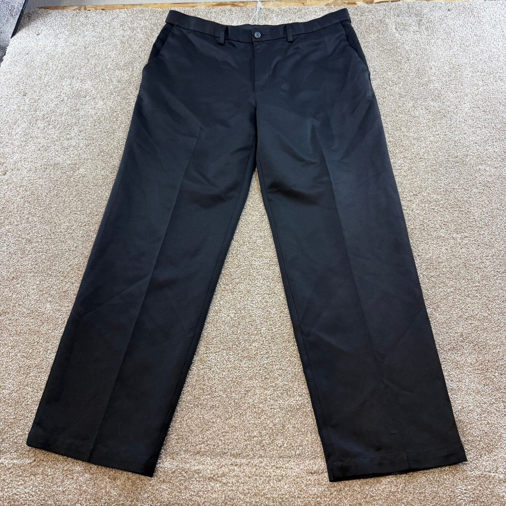 Haggar Mens Dress Pants Black 36x32 Flat Front Polyester Trousers W36 L32